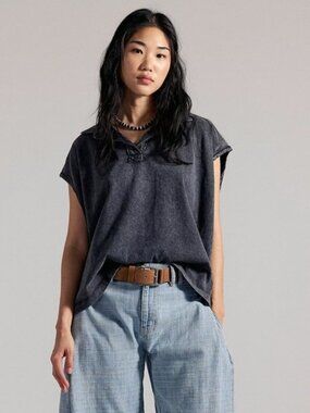 Free People We The Free Keep On Polo Shirt Womens M Washed Black Oversized Boxy